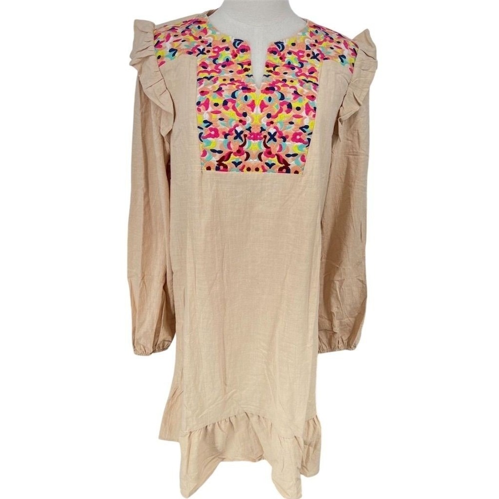 NEW Kirundo Dress Women's XL Beige Floral Embroidered Knee Length Ruffle